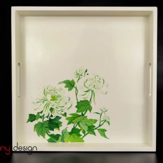 White square lacquer tray with hand-painted chrysanthemums 35cm